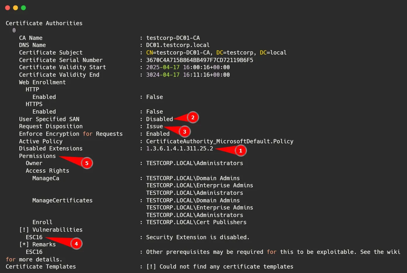 Salida de enumeración de Certipy mostrando ESC16