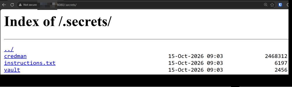 Directory listing of .secrets served by the webserver, with credman, instructions.txt and vault